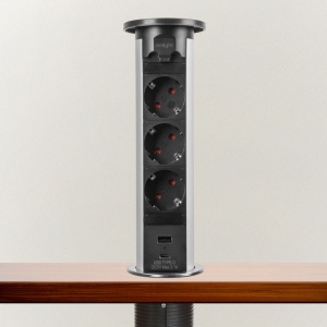 Priză încorporabilă ascunsă motorizată - 3 x 250 V + 2 x USB - argintiu