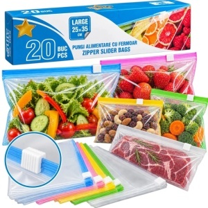 Pungi Alimentare 20/set, cu Fermoar 25x35cm, Transparente 3L