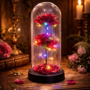 Trandafir Artificial 20x9cm cu Efect de Picături de Ploaie și Petale Decorative, Lumina LED Multicolora, în Cupolă Transparentă din Plastic
