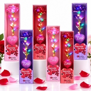 Trandafir Cristalizat 6/set cu Lumină LED Multicoloră 24cm, în Cutie din Plastic Diferite Culori