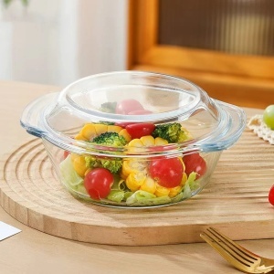 Vas Rotund 18x8.5cm cu Capac, din Sticlă Termorezistentă 1L, pentru Cuptor și Gătit, Model Transparent - Img 3