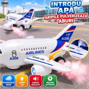 Avion de Jucarie Interactiv A308, 26cm, cu Lumini LED, Muzica, Pulverizare Aburi, Usa Cabina cu Deschidere si Miscare Automata 360° - Img 3