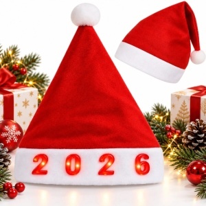 Căciulă de Moș Crăciun 12/set, 2026 cu LED-uri Roșii Iluminate în Cifre, 38x28cm cu Bandă Albă