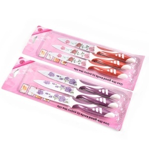 Cuțite Bucătărie 3/set, Lamă Inox Decor Floral si Mâner Antiderapant 23cm Diferite Culori - Img 2