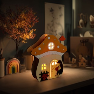 Decorațiune luminoasă - casă ciupercă cu arici - 15 x 16 x 5 cm - din lemn