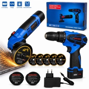 Flex Unghiular și Bormașină cu Acumulator 48V, 2 Baterii, 5 Discuri, Încărcător, OKBOONS - Img 2