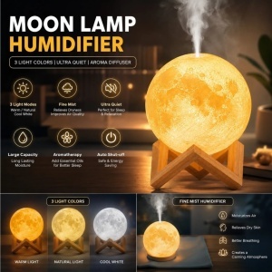 Lampa LED Luna 3D, cu Umidificator și Difuzor Aromaterapie 15cm, 3 Moduri de Iluminare, USB, Suport din Lemn - Img 2