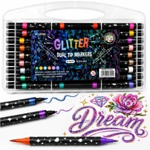 Markere Glitter 36/set, Două Vârfuri în Culori Diferite, 72 Culori Sclipitoare, Fin, în Cutie de Depozitare