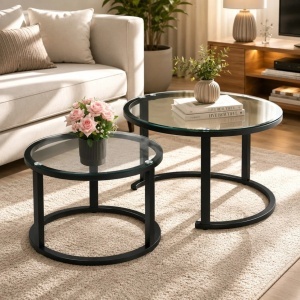 Mese de Cafea Rotunde 2 Piese, Blat din Sticlă 70×70×45cm si 50×50×38cm, cu Cadru Metalic