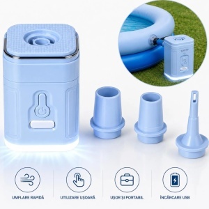 Pompa Electrica Portabilă 7.5x5cm, cu 3 Duze si Lumina LED pentru Umflare și Dezumflare Rapidă, Diferite Culori