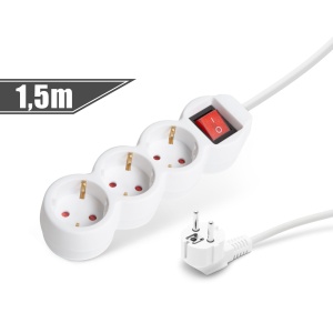 Prelungitor cu 3 prize - cu întrerupător - 250V - 10/16A - 1,5 m