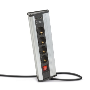 Priză de colț - cu întrerupător - 4 x 250V, 16A - 2 x USB, 2.1A - Carcasă din aluminiu