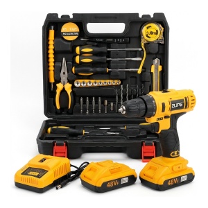 Set bormașină cu acumulator 48V, 2 acumulatori, încărcător și 24 de accesorii, în valiză