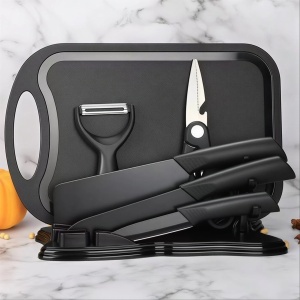 Set Bucătărie 7 Piese cu Tocător, Cuțite și Foarfecă, Suport Inclus, Oțel Inoxidabil, Mânere Ergonomice, Model Profesional