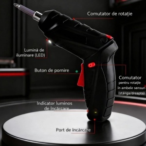 Șurubelniță Electrică Profesională 20cm cu Acumulator Lithium Rotire 180°, LED Tip Pistol (13×12cm) 45 Piese în Trusă din Plastic 16×20cm - Img 2