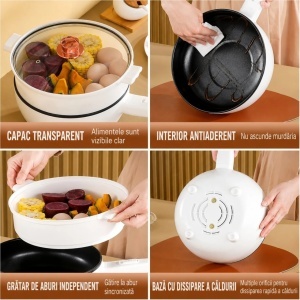 Tigaie Electrică Multifuncțională 26 cm, cu Tavă pentru Gătire la Abur, Strat Ceramic Antiaderent, Capac din Sticlă, Afișaj Digital și Control al Temperaturii - Img 2