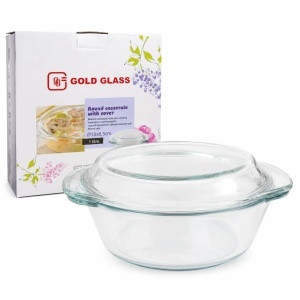 Vas Rotund 18x8.5cm cu Capac, din Sticlă Termorezistentă 1L, pentru Cuptor și Gătit, Model Transparent