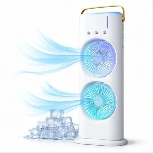 Ventilator Portabil cu Pulverizare Apă 37x16 cm, Răcire cu Gheață, Baterie Reîncărcabilă USB, cu Mâner Iluminare LED Multicolor