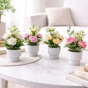Aranjament Floral Artificial 25cm în Ghiveci, cu Flori Decorative 6cm pentru Decor