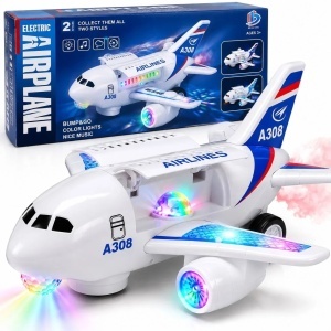 Avion de Jucarie Interactiv A308, 26cm, cu Lumini LED, Muzica, Pulverizare Aburi, Usa Cabina cu Deschidere si Miscare Automata 360°