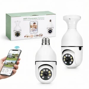 Cameră Supraveghere Wi-Fi Panoramică Tip Bec E27 cu Filet, Rotire 360°, o Singură Unitate de Supraveghere, Vedere Nocturnă LED 15.5cm, Audio Bidirecțional, Control prin Telefon