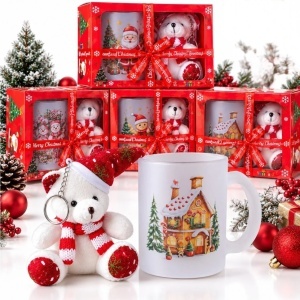 Cana din Sticla Arcopal 10x8cm cu Ursulet de Plus 12cm cu Agatatoare, in Cutie Cadou cu Fundita, Diferite Modele - Img 1