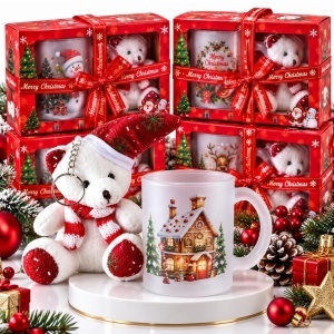 Cana din Sticla Arcopal 10x8cm cu Ursulet de Plus 12cm cu Agatatoare, in Cutie Cadou cu Fundita, Diferite Modele - Img 2