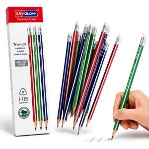 Creioane Grafit 12/set HB Triunghiulare, 12/tipla cu Radieră, Model Colorat