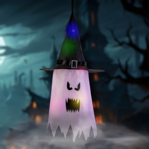 Decor LED Halloween - fantomă - roz - 10 LED-uri colorate - poate fi agățat - 2 x 2032 - 75 x 35 cm
