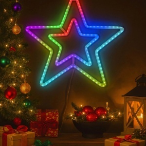 Decoratiune Crăciun 57x57cm Model Stea, cu Lumină LED Multicolora, din Silicon Ornament Suspendat Transparent