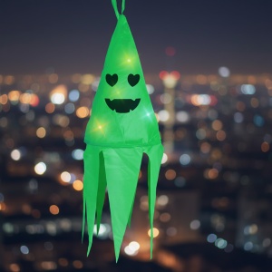 Decorațiune luminoasă de Halloween - Fantomă - Verde - 10 LED-uri colorate - De agățat - 2 x 2032 -