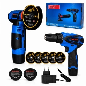 Flex Unghiular și Bormașină cu Acumulator 48V, 2 Baterii, 5 Discuri, Încărcător, OKBOONS