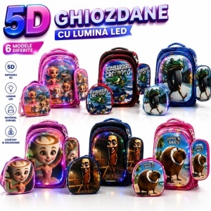 Ghiozdan Școlar 5D, cu Lumini LED 3 în 1, Diferite Modele Brainrot 42×32×15cm, cu 3 Fermoare, Geantă de Umăr Termoizolantă și Penar - Img 2
