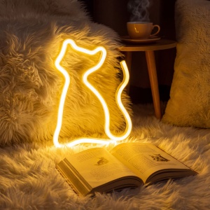 Lampă cu neon LED - pisică alb cald - 3 x AA + USB - 17 x 1,6 x 23,3 cm