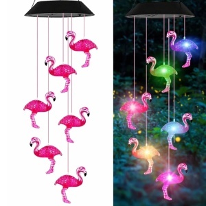Lampa Solara LED 63cm cu Clopotel de Vant, Model cu 8 Flamingo Roz, Iluminare Multicoloră, Panou Solar si Agățătoare Inclusă