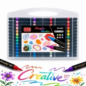 Markere Acrilice 48/set pe Bază de Apă, Două VârfurI, Pensulă Soft Brush, în Cutie Transparentă cu Mâner