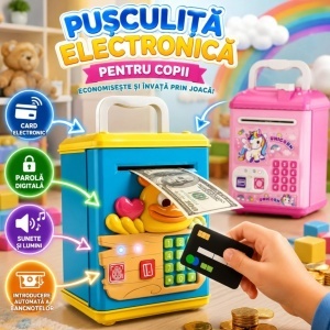 Pușculiță Electronică pentru Copii 21.5x13x12cm, cu Deblocare prin Amprentă Card și PIN Diferite Modele
