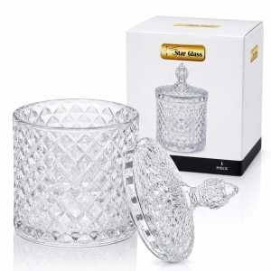 Recipient cu Capac 13.5cm, din Sticlă, Model Diamant, Transparent