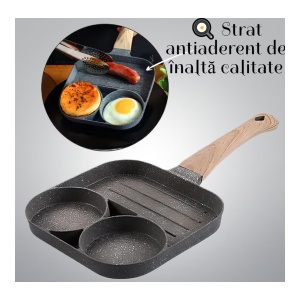 Tigaie pentru mic dejun 19 cm cu 3 compartimente, strat antiaderent, mâner imitație lemn