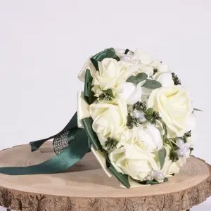 Buchet Bujori cu Trandafiri si Perle - Verde / Ivoire