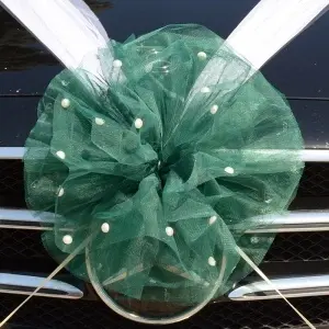 Decor masina pentru nunta cu pampon din tulle cu perle - Verde - Img 2