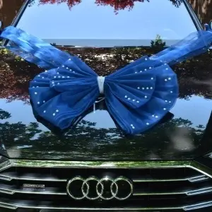Decor de masina pentru nunta in forma de funda cu perle - Albastru