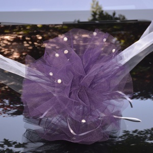 Decor masina pentru nunta cu pampon din tulle cu perle - Mov - Img 3