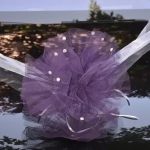 Decor masina pentru nunta cu pampon din tulle cu perle - Mov - Img 3