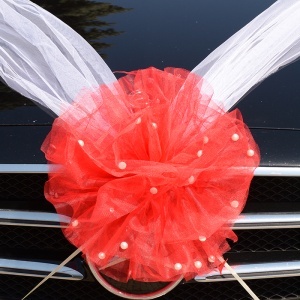 Decor masina pentru nunta cu pampon din tulle cu perle - Rosu - Img 2