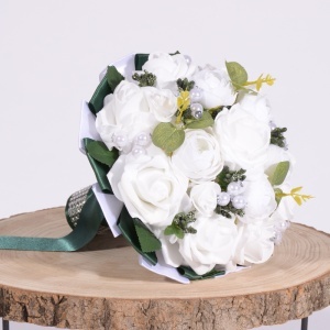 Buchet Bujori cu Trandafiri si Perle - Verde / Alb