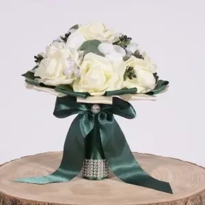 Buchet Bujori cu Trandafiri si Perle - Verde / Ivoire - Img 2