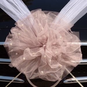 Decor masina pentru nunta cu pampon din tulle cu perle - Roz Prafuit - Img 2