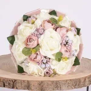 Buchet Bujori cu Trandafiri si Perle - Roz Pudra - Img 3