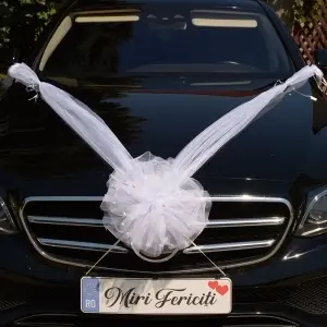 Decor masina pentru nunta cu pampon din tulle cu perle - Alb